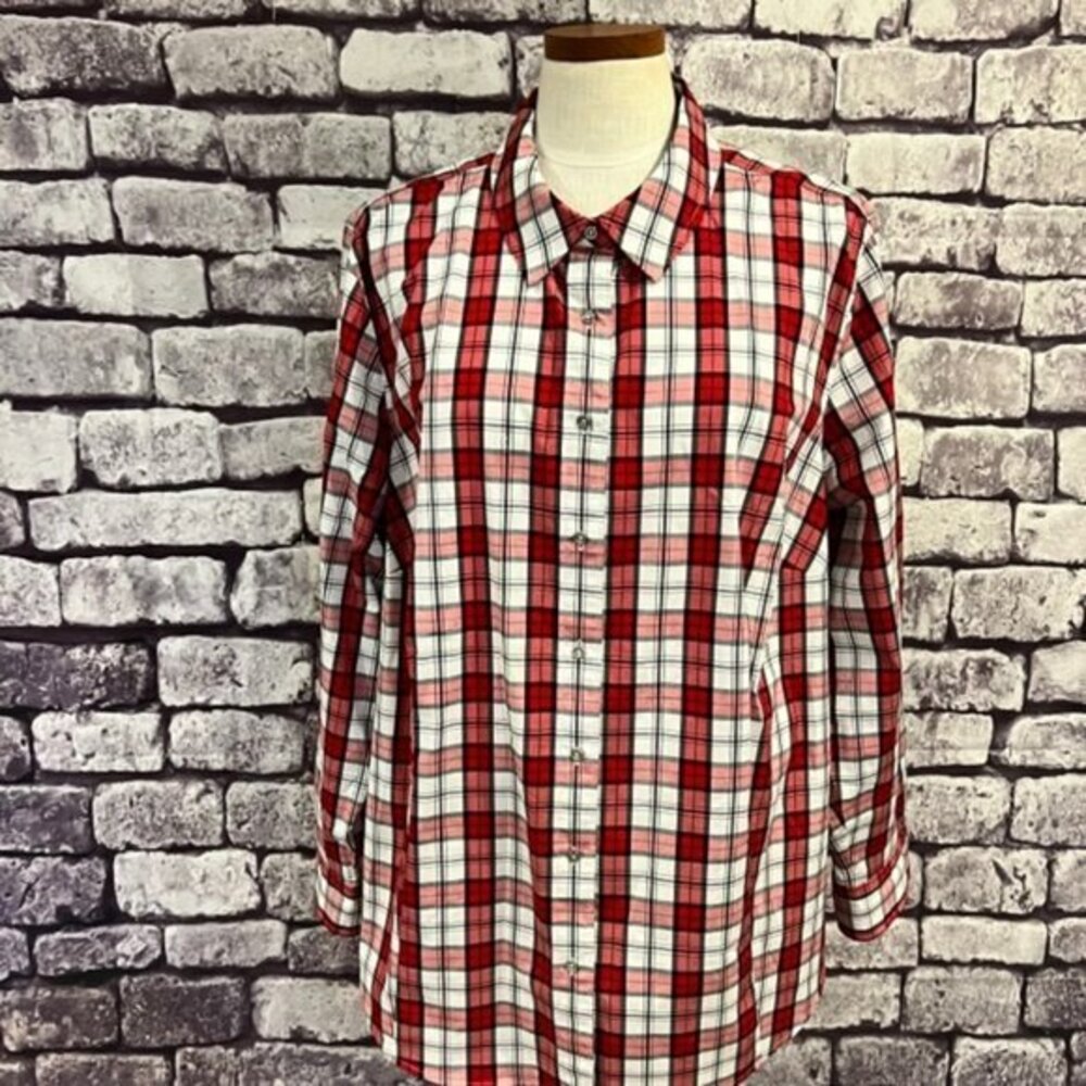Talbots Red, White & Black Plaid Long Sleeve Button Down Blouse Size 22W